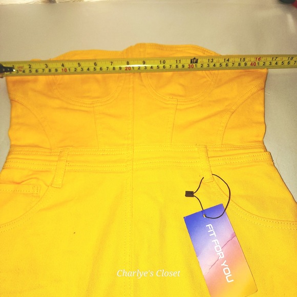 Yellow Denim Strapless Corset Midi Dress Sz. L | Y2K Stretch Denim Revival‎ - Picture 11 of 11